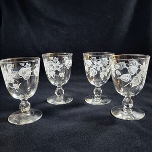 Vintage Etched Floral Goblet Glasses Set of 4 Elegant Wine Water Glassware